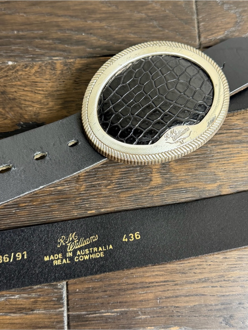 R.M. Williams Leather Belt Size 36/91 Black Cowhide Crocodile Look Buckle